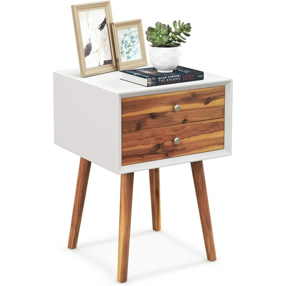 CRXX Mid Century Modern Nightstand, Wooden Bedside Tables w/ 2 Storage Drawers & Solid Wood Legs, Practical End Side Table for Living Room Bedroom, White & Walnut