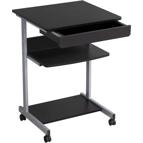 CRXX Mobile Computer Desk Cart, Small Rolling Laptop Desk PC Table Workstation with Drawer and Printer Shelf, Writing Desk Table for Small Space/Home Office,Black