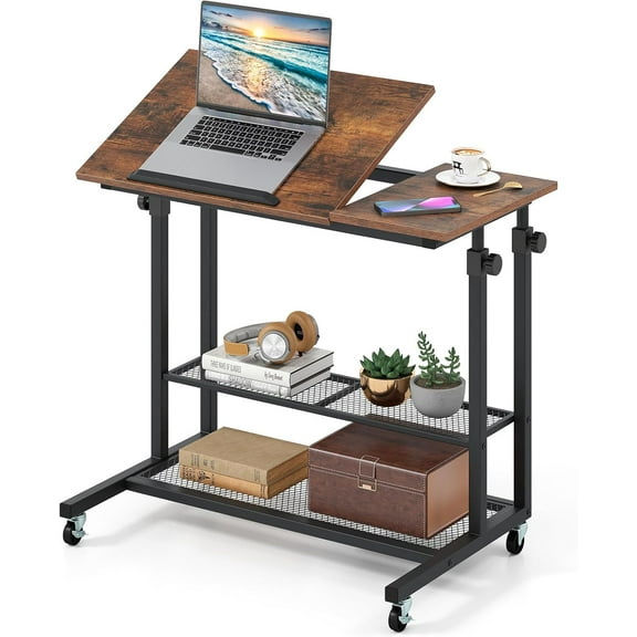 CRXX Mobile Standing Desk, Adjustable Rolling Computer Desk w/Tilting Desktop & Storage Shelves, PC Laptop Table, Small Compact Desk on Wheels for Small Space, Living Room & Bedroom (Rustic Brown)
