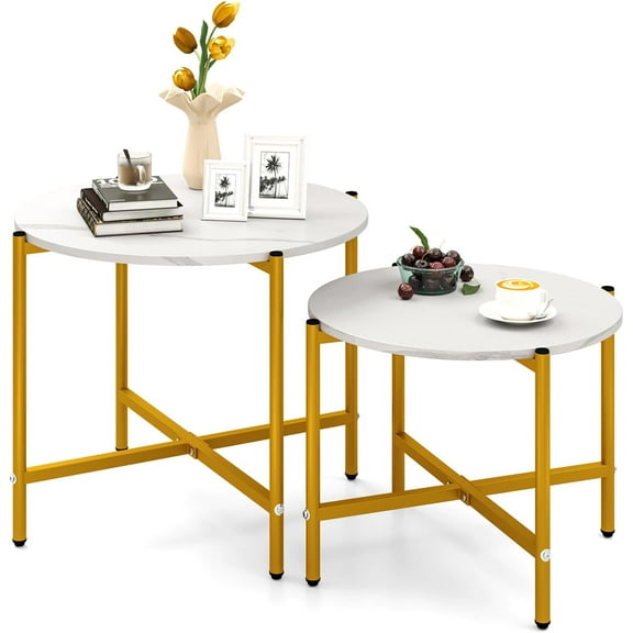 CRXX Nesting Coffee Table Set of 2, Round Coffee Tables with Wood Tabletop & Heavy-Duty Metal Frame, Modern Circle End Table & Side Tables, Nesting Tables for Living Room, Bedroom-White