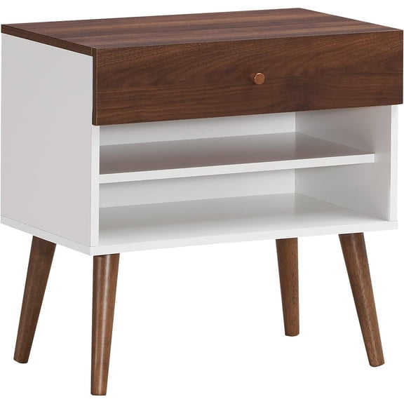 CRXX Nightstand with Drawer and Storage Shelves & Rubber Wood Legs Mid-Century Multipurpose Bedside Table for Living Room Bedroom Hallway Accent End Table (1, Brown&White)