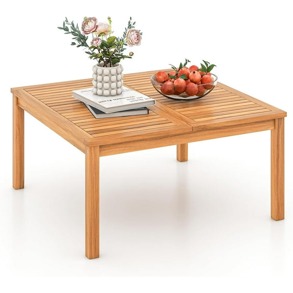 CRXX Outdoor Coffee Table Acacia Wood Patio Table with Slatted Tabletop, Square Coffee Table for Outside Balcony, Garden & Poolside, Natural