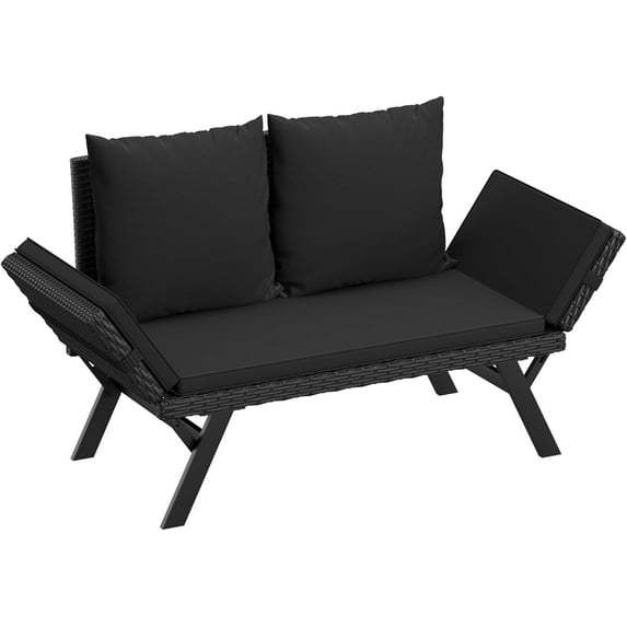 CRXX Outdoor Convertible Sofa, Woven Rattan Patio Furniture Sunbed with Adjustable Armrests, Removable Cushions and Pillows for Patio, Porch, Pool (Black Lounger & Black Pillowcase)