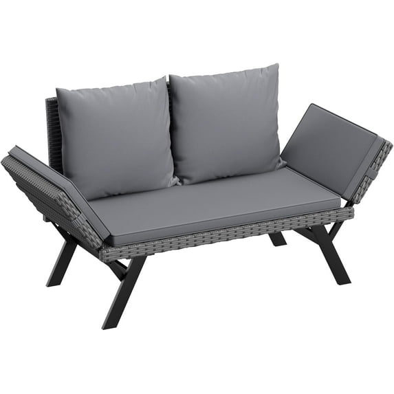 CRXX Outdoor Convertible Sofa, Woven Rattan Patio Furniture Sunbed with Adjustable Armrests, Removable Cushions and Pillows for Patio, Porch, Pool (Grey Lounger & Grey Pillowcase)