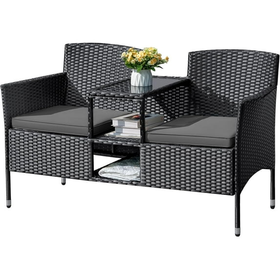 CRXX Outdoor Furniture Patio Loveseat Wicker 2-Seat with Built-in Table and Cushions Rattan Porch Chairs Bench for Balcony, Lawn, Backyard (Grey)