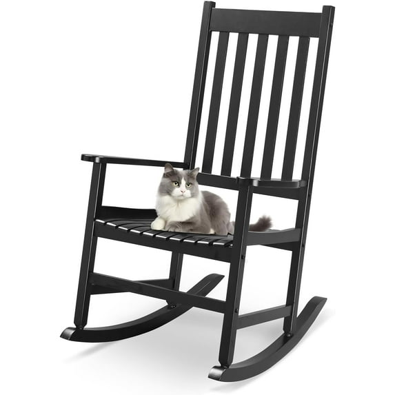 CRXX Outdoor Rocking Chair, Solid Wood High Back Rocker, All Weather Lounge Chair for Porch Patio Fire Pit Garden Backyard Deck Indoor, Black