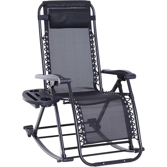 CRXX Outdoor Rocking Chairs, Foldable Reclining Zero Gravity Lounge Rocker with Pillow, Cup & Phone Holder, Combo Design with Folding Legs, Black