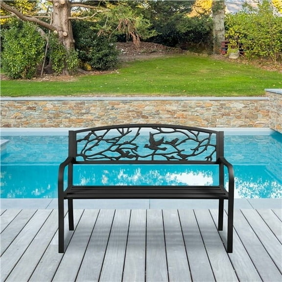 CRXX Patio Garden Bench  Vintage Iron Park Bench with Bird Pattern, Weather-Resistant Outdoor Seating, Sturdy Metal Construction, Decorative Backrest Design, Ideal for Gardens, Patios, Parks & Yards