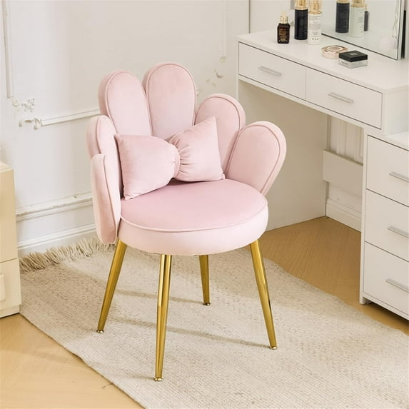 CRXX Petal Makeup Vanity Chair with Back,Flower Cute Girls Desk Chair Comfy No Wheels,Modern Dining Chair,Small Accent Chair with Adustable Gold Legs&Bow Pillow for Home Office,Bedroom,Velvet,Pink