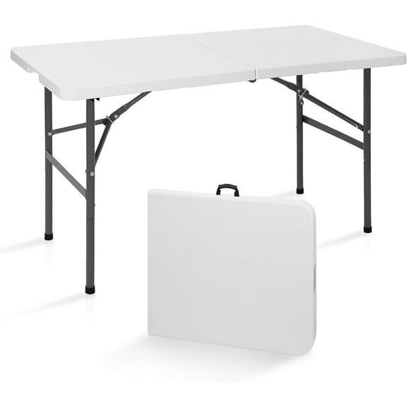 CRXX Portable 4 Foot Plastic Folding Table, Small Indoor Outdoor Heavy Duty Fold-in-Half Picnic Party Camping Barbecues Table with Carrying Handle, White