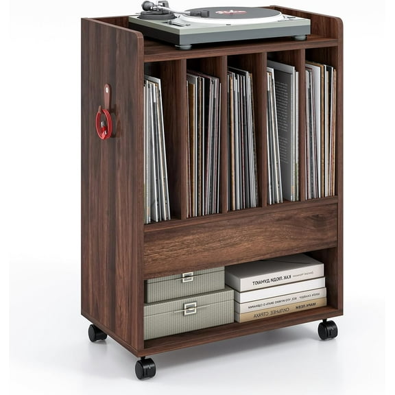 CRXX Record Player Stand, Rolling Turntable Stand with Drawer, Hook & Lockable Wheels, Vinyl Record Display Shelf Holds Up to 180 Albums, for Living Room Bedroom (Brown)