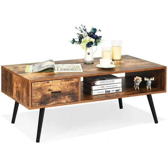 CRXX Rectangular Coffee Table, Mid-Century TV Stand w/ 1 Drawer and Open Storage Shelf for Living Room, Reception Room, Accent Sofa Cocktail Table, 43" L x 21.5" W x 17.5" H (Rustic Brown)