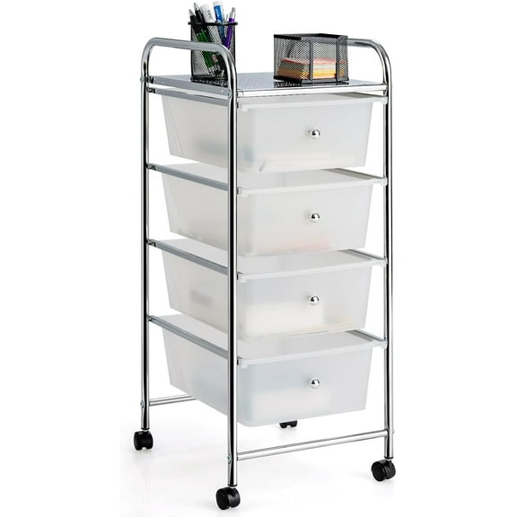 CRXX Rolling Cart with Drawers, Craft Organizer with Wheels, 4 Drawer Storage Container Bins for Home School Office Scrapbook Paper Tools, Clear White