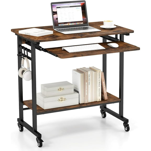 CRXX Rolling Computer Desk, Mobile Desk with Keyboard Tray, Portable Laptop PC Desk Cart with Shelf & Hooks, Small Desk with Wheels, Home Office Desk for Small Spaces, Bedroom, Apartment