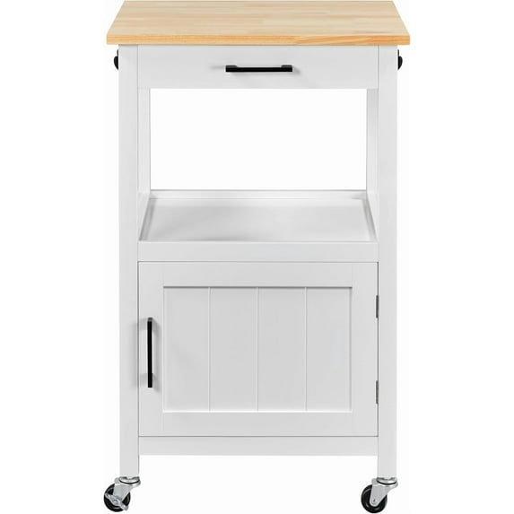 CRXX Rolling Kitchen Island Utility Cart on Wheels with Wood Top, Storage Drawer Shelf and Side Hooks, for Dining Rooms Kitchens Living Rooms, White