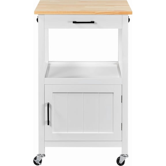 CRXX Rolling Kitchen Island Utility Cart on Wheels with Wood Top, Storage Drawer Shelf and Side Hooks, for Dining Rooms Kitchens Living Rooms, White