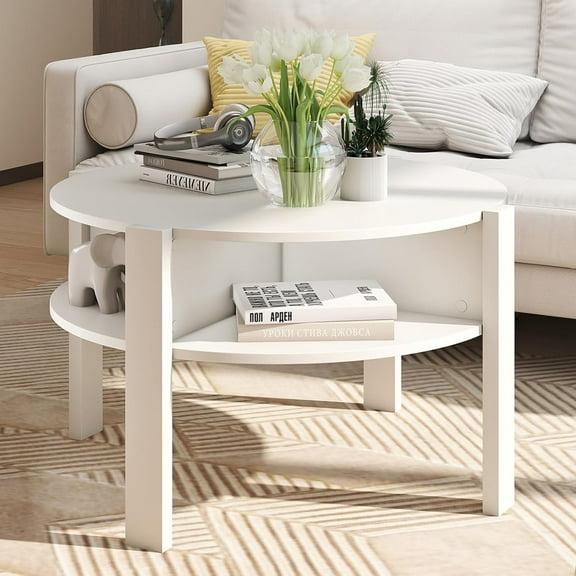 CRXX Round Coffee Table, 2-Tier Mid Century Modern Tea Cocktail Table with Storage Shelves & 4 Side Compartments, Wood Center Table for Living Room, Small Spaces (White)