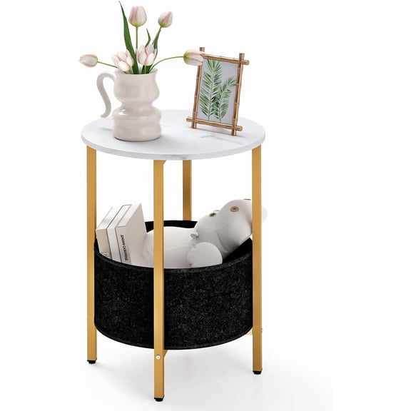 CRXX Round End Table with Storage, Sofa Side Table with Removable Fabric Basket, Metal Frame, Wooden Top, Industrial, 2-Tier Bedside Table for Living Room, Bedroom-1-White