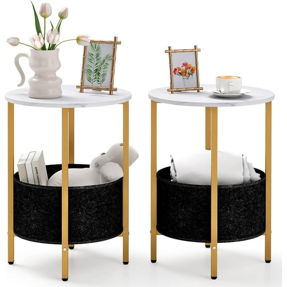 CRXX Round End Table with Storage, Sofa Side Table with Removable Fabric Basket, Metal Frame, Wooden Top, Industrial, 2-Tier Bedside Table for Living Room, Bedroom-2-White