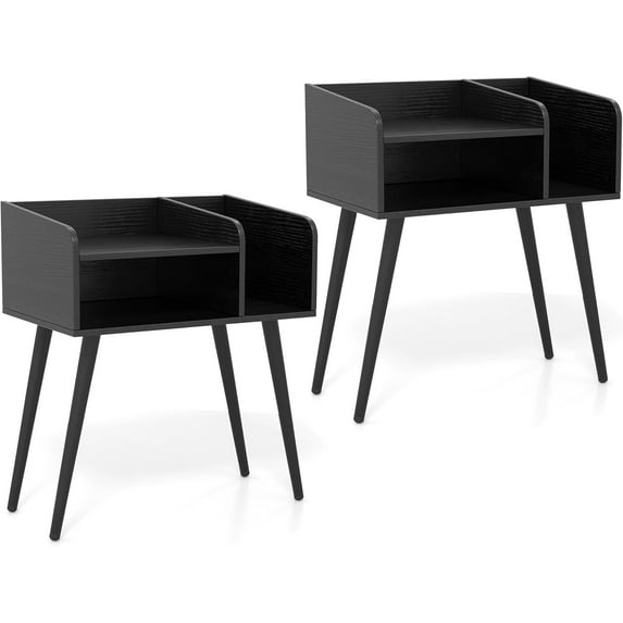 CRXX Set of 2 End Table with Open Storage Shelves, Mid Century Modern Side Table with Metal Legs, Nightstand Bedside Table for Living Room, Bedroom, Small Space, Accent Furniture, Black