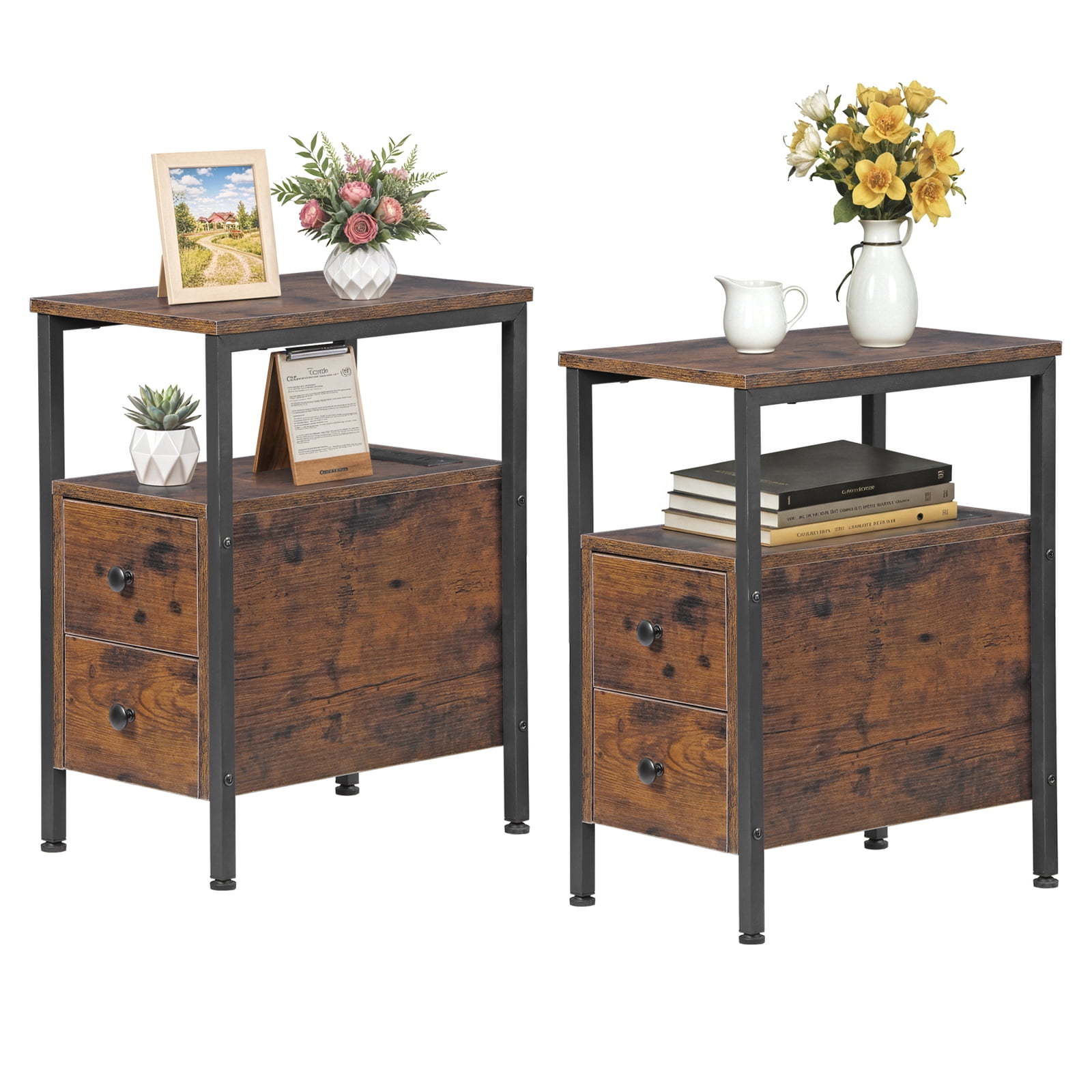 CRXX Set of 2 End Tables with Charging Station – Compact Nightstand for ...