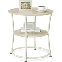 CRXX Side Table, Round End Table with 2 Storage Shelves for Living Room, Bedroom, Nightstand with Steel Frame for Small Spaces, Accent Coffee Table, Natural Beige