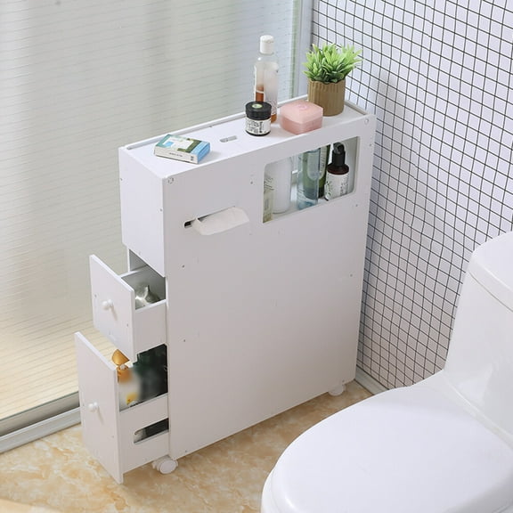CRXX Slim Bathroom Storage Cabinet Floor Standing White Narrow Cupboard with Multiple Shelves, Space-Saving Toilet Side Organizer for Toiletries & Towels, Compact Design for Small Bathrooms