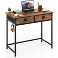 thumbnail image 1 of CRXX  Small Computer Desk with Fabric Drawers, 36 Inch Home Office Desk with 4 Hanging Hooks & Metal Frame, Space Saving Vanity Table, Study Writing Desk for Living Room Bedroom (Rustic Brown), 1 of 10