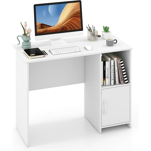 CRXX Small Computer Desk, White Desk with Storage Cabinet & Shelf, Compact PC Laptop Table Workstation, Makeup Vanity Table, Modern Study Writing Desk for Small Space, Bedroom, Home Office