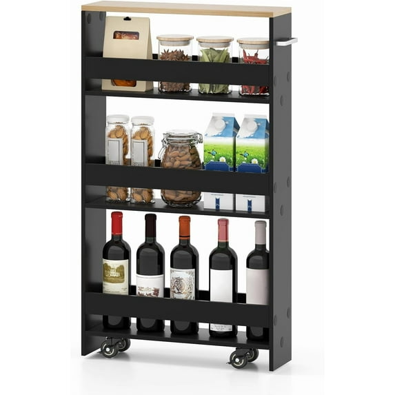 CRXX Small Kitchen Cart, 4-Tier Slim Rolling Island w/Handle, Laundry Room Storage Organizers Between Washer and Dryer, Narrow Spice Rack on Wheels Next to Fridge (Black, 5'')