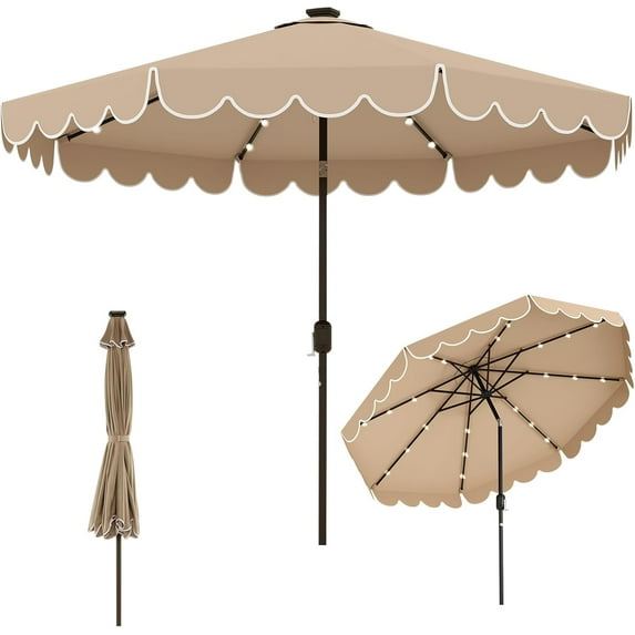 CRXX Solar LED Patio Umbrella, 2-Tiers Scalloped Outdoor Table Market Umbrella with LED Lights, Vented Top, Tilt Adjustment, Crank, 8 Ribs for Backyard Poolside Deck Beach Lawn--10Ft-Coffee