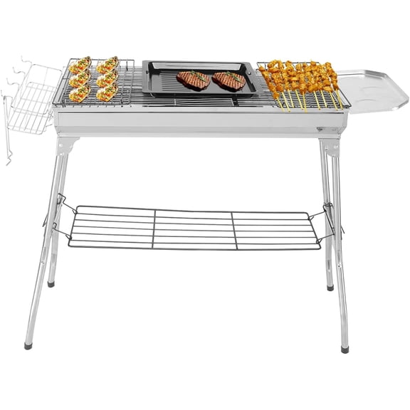 CRXX Stainless Steel Barbecue Grill, BBQ Charcoal Foldable & Portable Grill, Great for Outdoor Cooking Camping Hiking Picnics Tailgating, Silver 39.3"12.2"27.9"