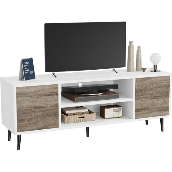 CRXX TV Stand, 58 Inch Entertainment Center with 2 Doors and 2 Storage Cabinets for TV up to 65 inch, TV Console Table for Living Room, Bedroom, Office (White and Oak)