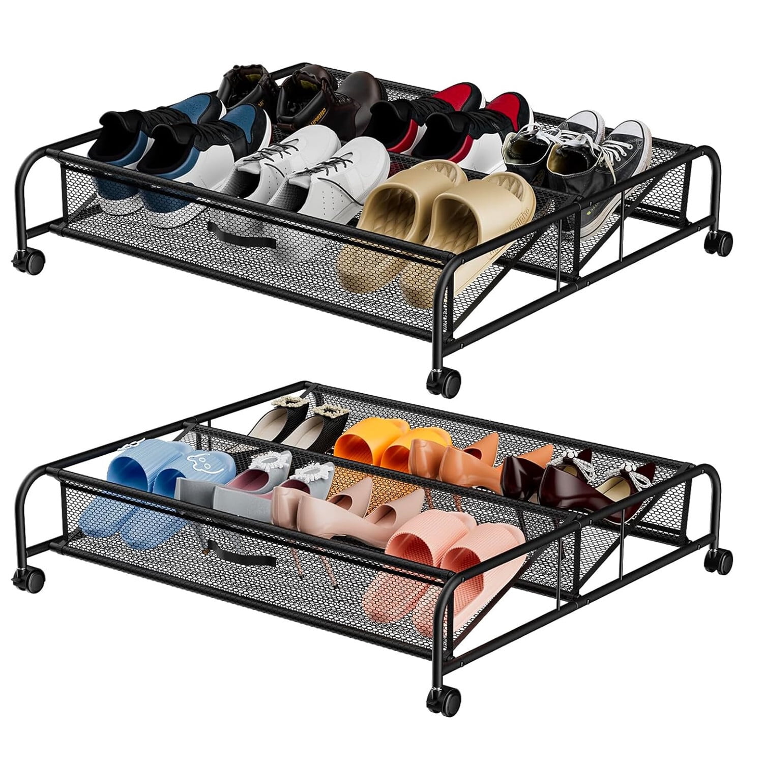 CRXX Under Bed Shoe Storage with Wheels Space Saving Metal Shoe Rack Organizer Slide-1PC