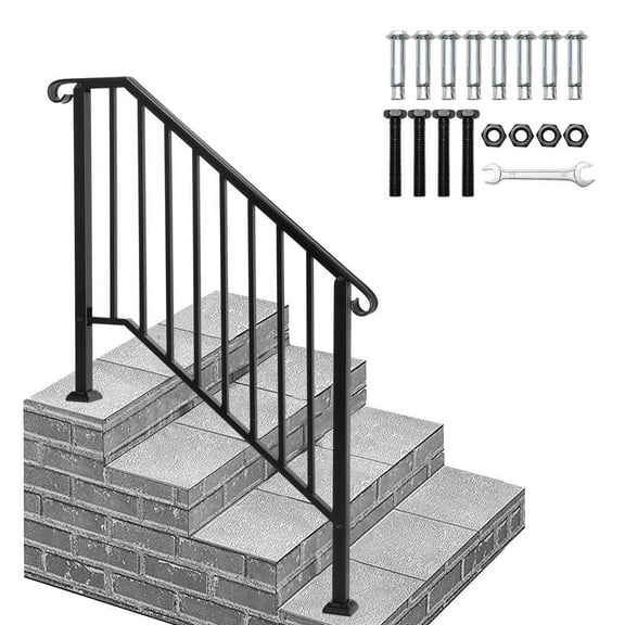 CRXX Wrought Iron Handrail  Sturdy Picket Stair Rail for 3 or 4 Steps, Weather-Resistant Outdoor Black Railing with Easy Installation, Safety Guard for Porch & Entryway