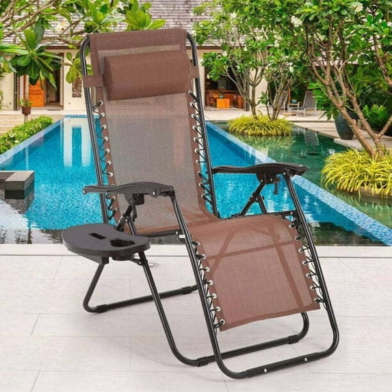 CRXX Zero Gravity Chair, Folding Outdoor Patio Lounge Recliner w/ Cup Holder-Brown