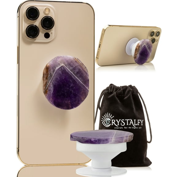 CRYSTALFY: Crystal Phone Grip & Phone Stand with Authentic Natural Amethyst Gemstone with Natural Edge Swappable Top, Expandable Collapsible Holder for Smartphones and Tablets