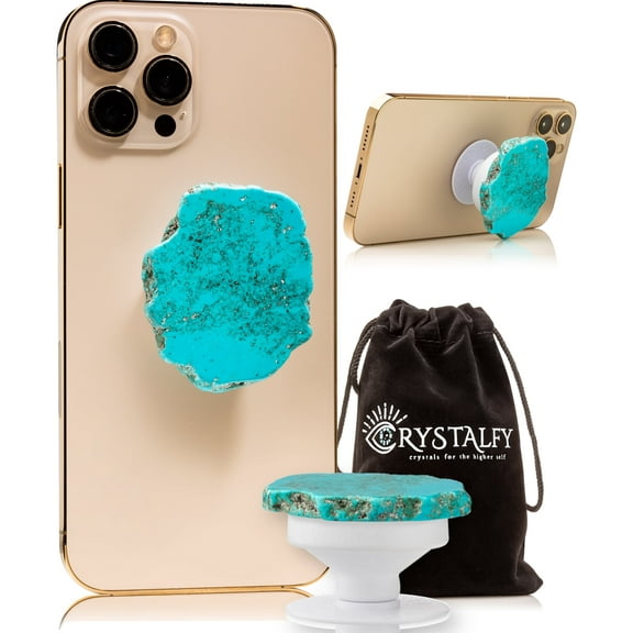 CRYSTALFY: Crystal Phone Grip & Phone Stand with Authentic Natural Turquoise Gemstone with Natural Edge Swappable Top, Expandable Collapsible Holder for Smartphones and Tablets