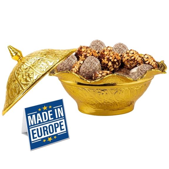 CRYSTALIA Antique Candy Bowl, Decorative Ellipse Turkish Delight Container with Cute Lid, Ottoman Design Serving Dish, Food Grade Metallic Mini Sugar Holder for Lovely Gift, Home and Kitchen (Gold)
