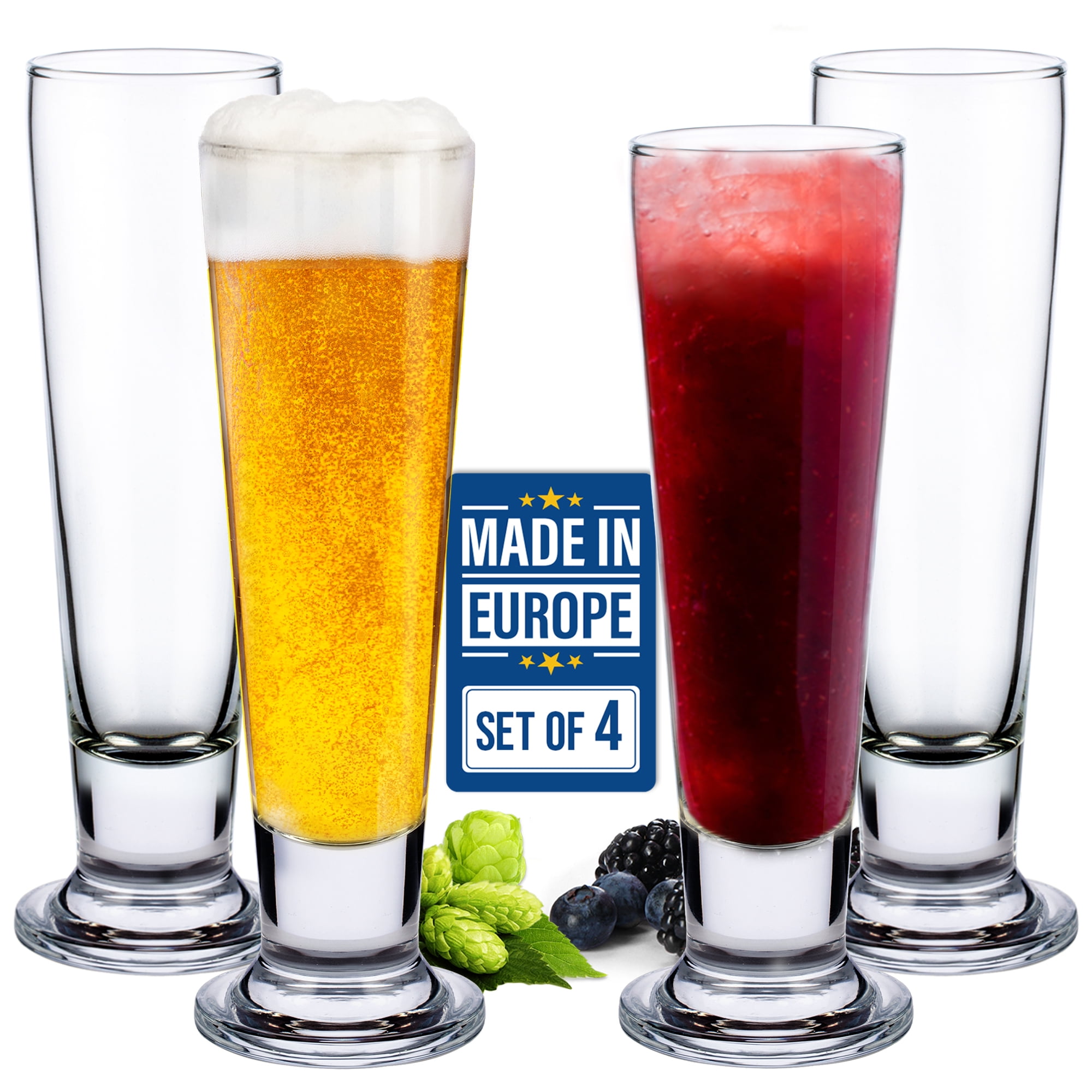 Tall Footed Clear Glass Pilsner Beer Glass Set, 4 Pieces