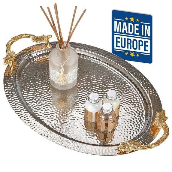 CRYSTALIA Decorative Oval Serving Plates, Breakfast, Coffee, Tea Service Tray, Home Table Décor Dishes for Dinner Appetizer Party Dessert, Large Food Serving Platters (Silver)