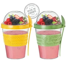 CRYSTALIA Yogurt Parfait Cups with Lids, Breakfast On the Go Plastic Bowls with Topping Cereal Oatmeal or Fruit Container, Snack Cup and Spoon for Lunch Box, Portable & Reusable, 2PCs