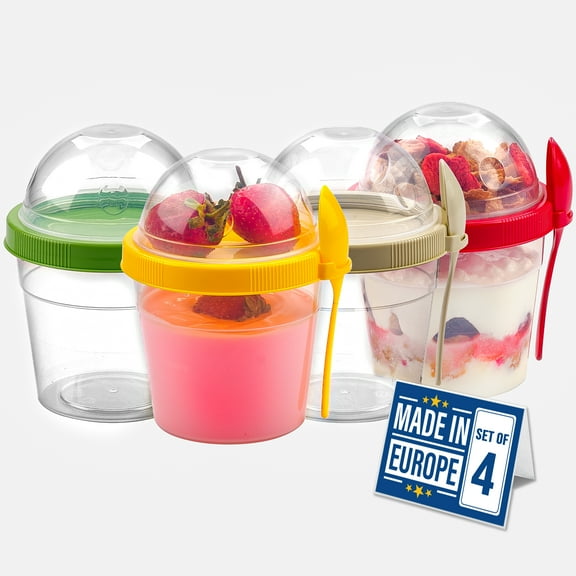 CRYSTALIA Yogurt Parfait Cups with Lids, Mini Breakfast On the Go Plastic Bowls with Topping Cereal Oatmeal or Fruit Container with Spoon for Lunch Snack Box, Portable & Reusable, Colorful Set of 4