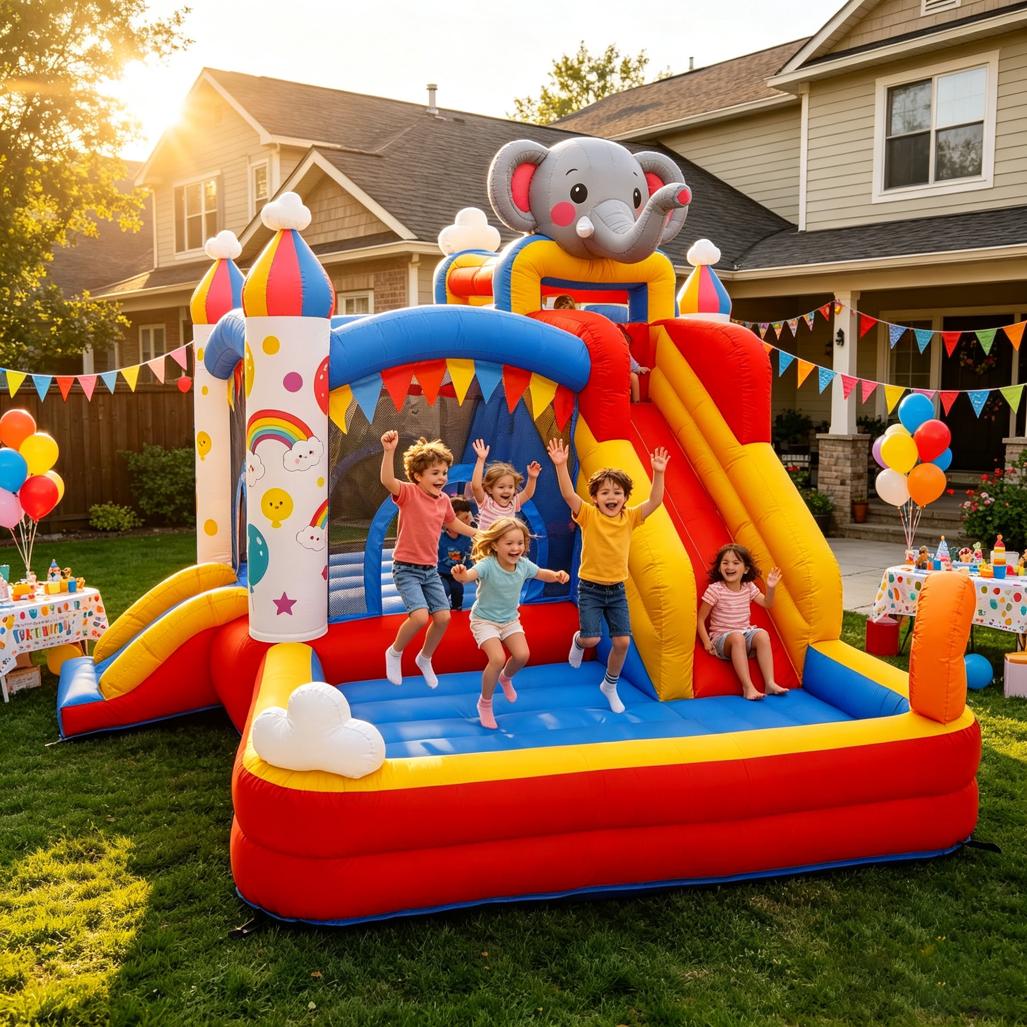 CRYXXE Inflatable Bouncer Home with Slides Jumping Elephant Castles For ...