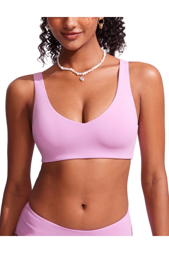 Bikini Tops for Women Padded Bathing Suit V Back Wide Straps Swim Bra Swimsuit