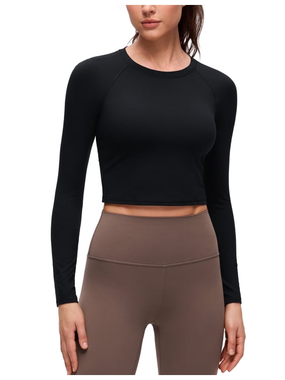 Brushed Workout Long Sleeve Shirts for Women Warm Athletic Running Yoga Tops Breathable Crop Tees