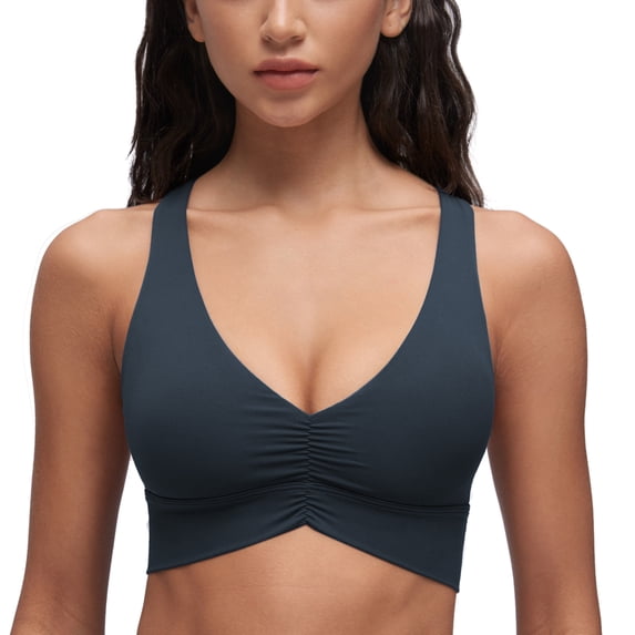 CRZ YOGA Butterluxe Ruched Longline Sports Bras for Women V Neck Padded Yoga Tank Cross Back