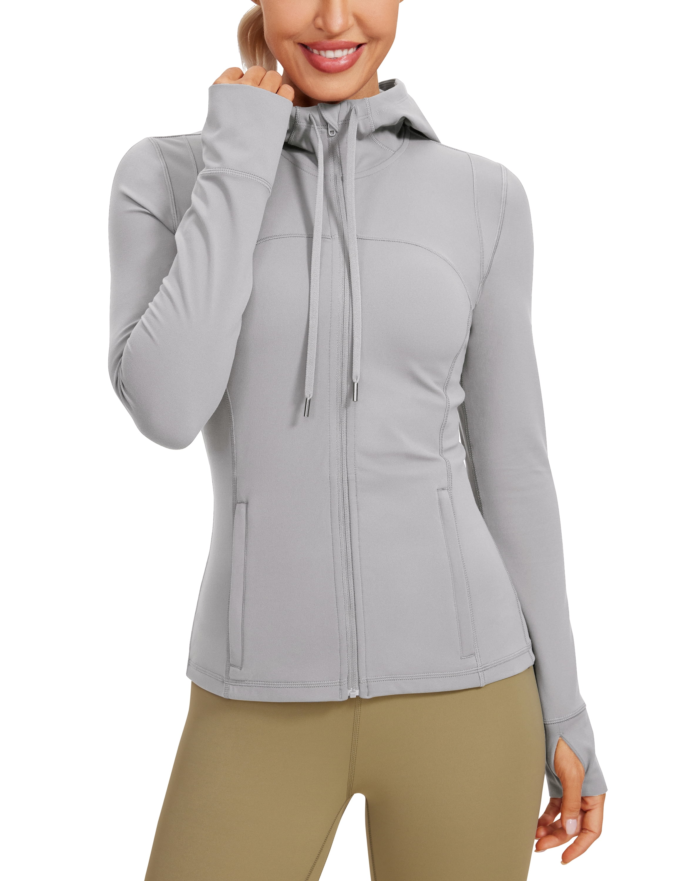 CRZ YOGA Butterluxe Womens Hooded Workout Jas met Zip Up Atletische Running Jas met Back Mesh Vent... Grijze Salie XL