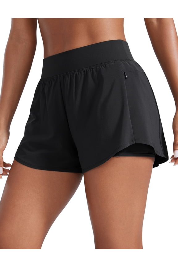 2 in 1 Double Layer Running Shorts for Women 3" Athletic Tennis Workout Pants with Zip Pockets