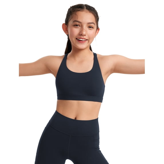 CRZ YOGA Girls Butterluxe Cross Back Sports Bra Yoga Athletic Casual Tops Scoop Neck Padded Crop Kids Teen